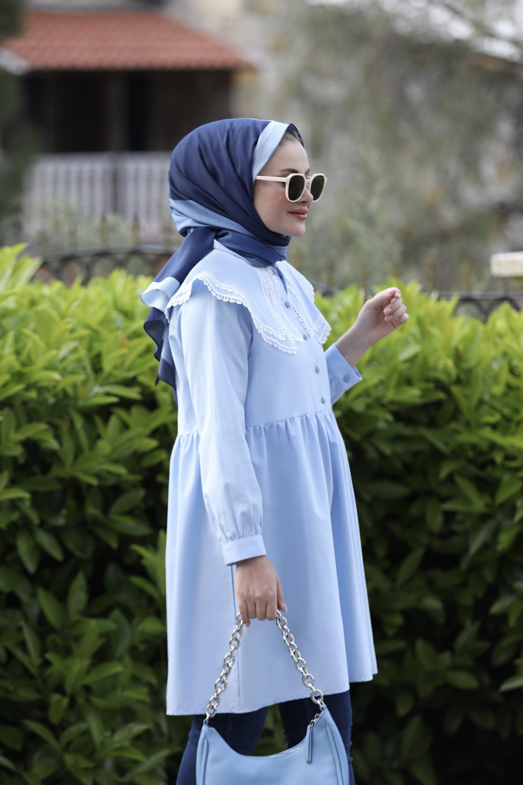 Yakası Dantelli Tunik Mavi - Görsel 5